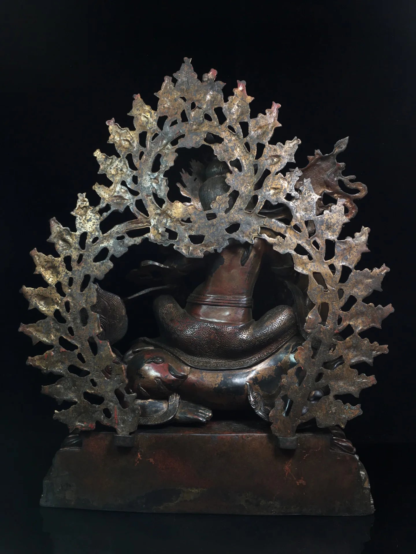 21"Tibetan Temple Collection Old Bronze Cinnabar Mud gold Vaisravana Buddha Treasure King Backlight Lotus Platform Worship Hall