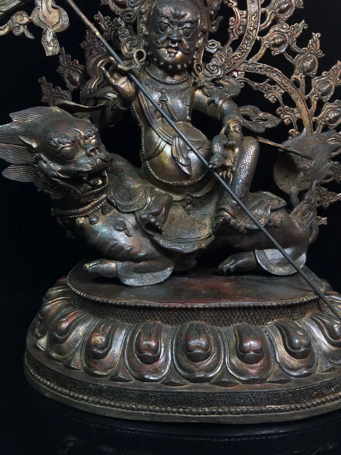 21"Tibetan Temple Collection Old Bronze Cinnabar Mud gold Vaisravana Buddha Treasure King Backlight Lotus Platform Worship Hall