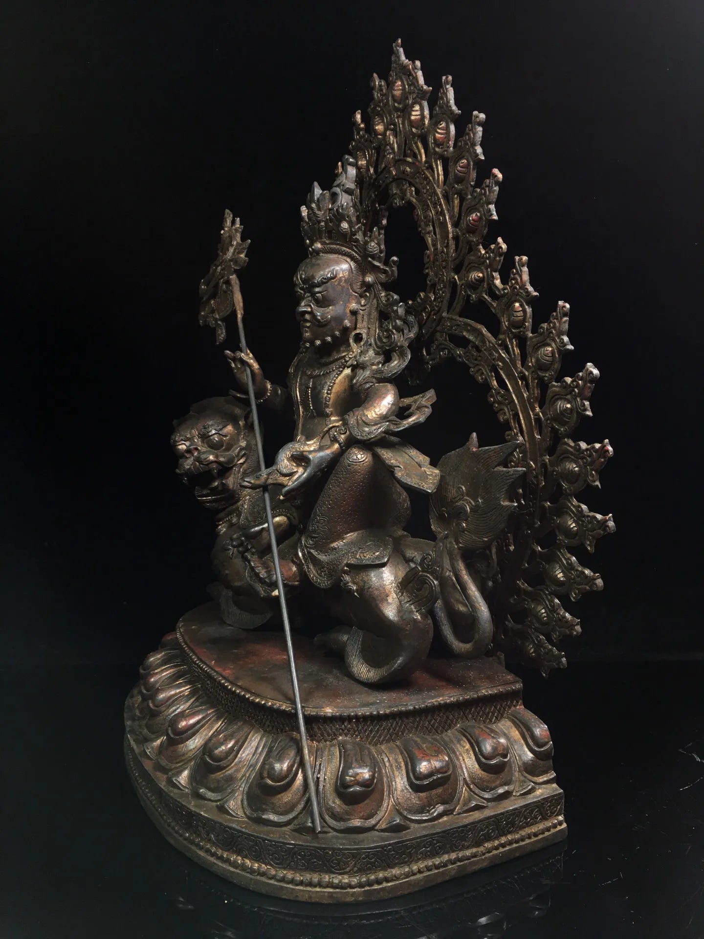21"Tibetan Temple Collection Old Bronze Cinnabar Mud gold Vaisravana Buddha Treasure King Backlight Lotus Platform Worship Hall