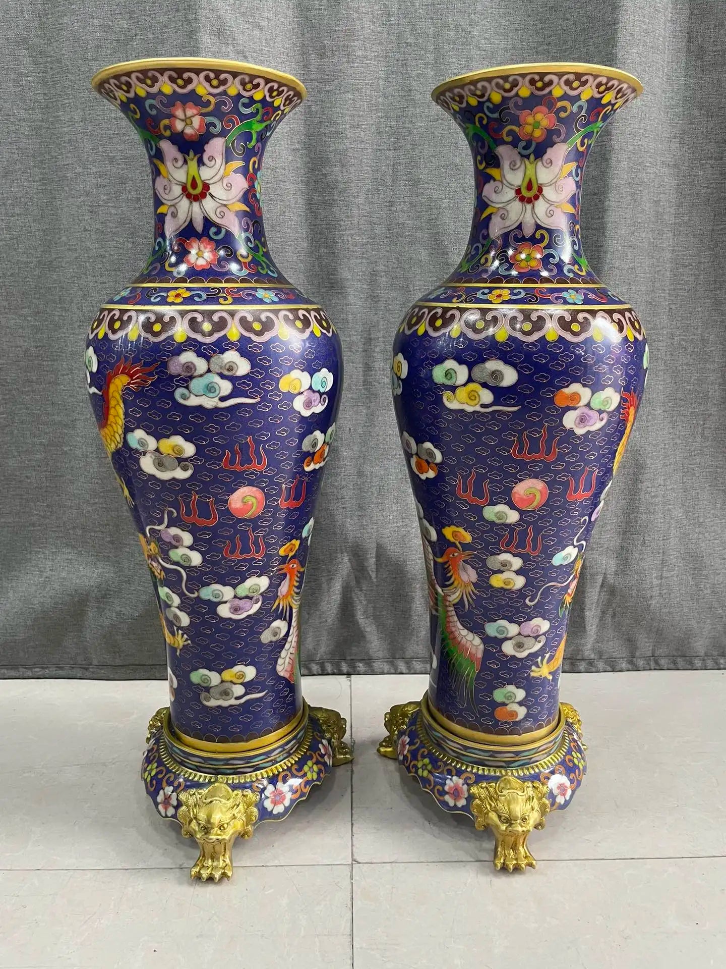 21"Tibetan Temple Collection Old Bronze Cloisonne Enamel Dragon Phoenix Texture Bottle Vase A Pair Base Amass wealth Ornaments