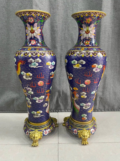21"Tibetan Temple Collection Old Bronze Cloisonne Enamel Dragon Phoenix Texture Bottle Vase A Pair Base Amass wealth Ornaments