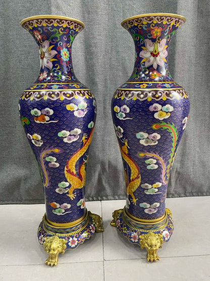 21"Tibetan Temple Collection Old Bronze Cloisonne Enamel Dragon Phoenix Texture Bottle Vase A Pair Base Amass wealth Ornaments