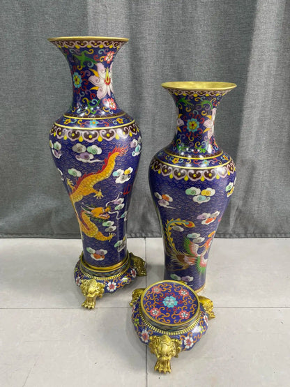 21"Tibetan Temple Collection Old Bronze Cloisonne Enamel Dragon Phoenix Texture Bottle Vase A Pair Base Amass wealth Ornaments