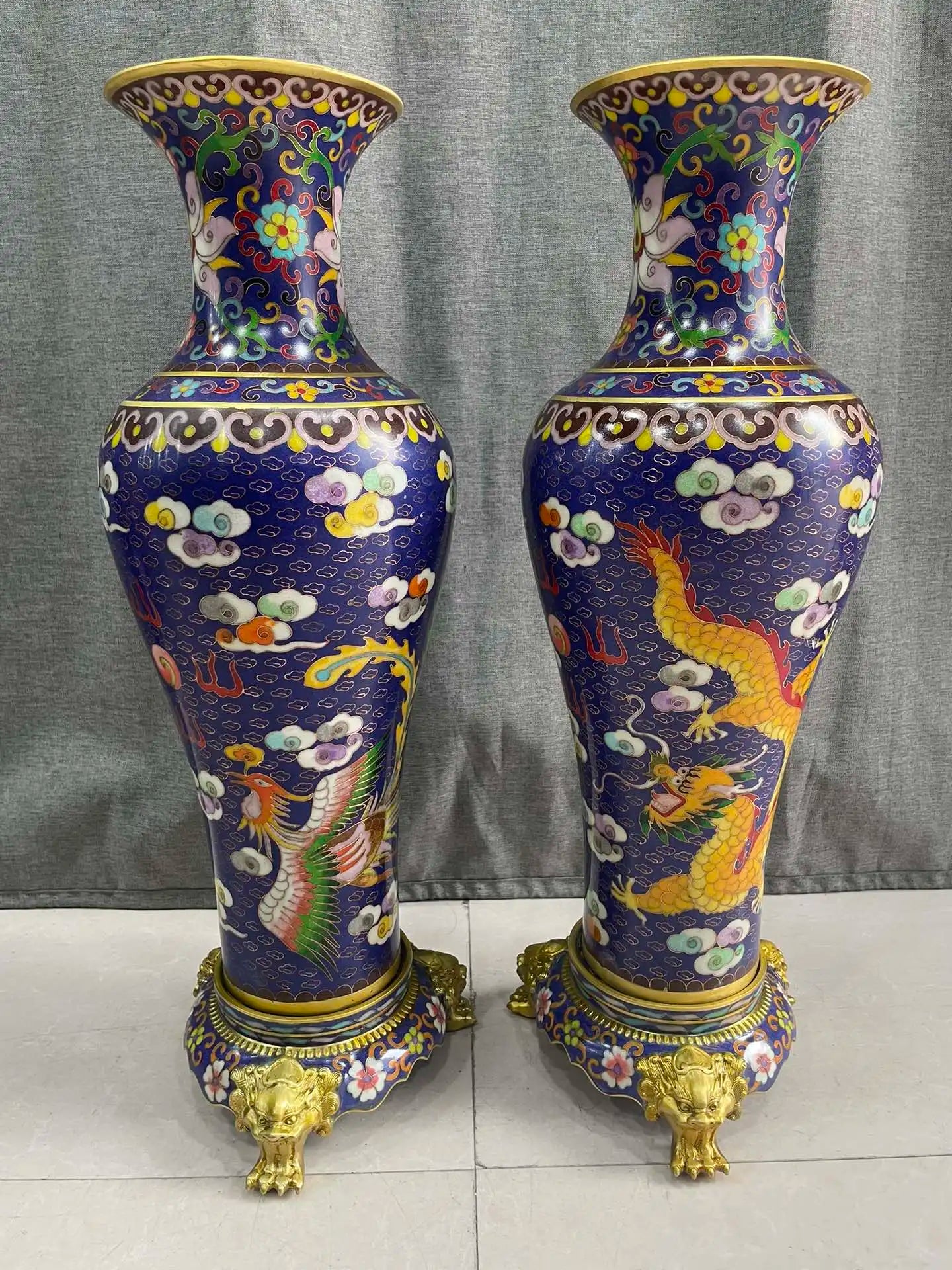 21"Tibetan Temple Collection Old Bronze Cloisonne Enamel Dragon Phoenix Texture Bottle Vase A Pair Base Amass wealth Ornaments