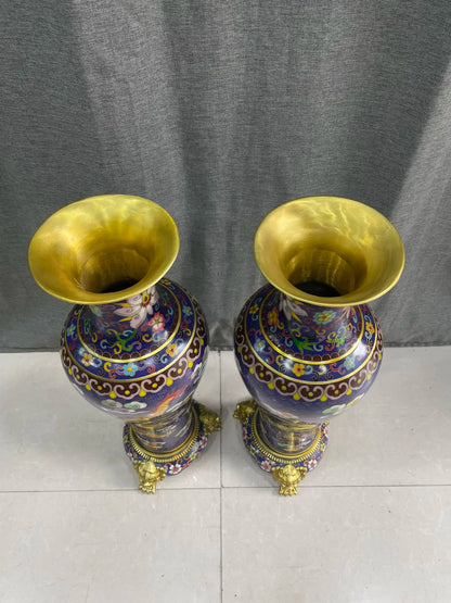 21"Tibetan Temple Collection Old Bronze Cloisonne Enamel Dragon Phoenix Texture Bottle Vase A Pair Base Amass wealth Ornaments