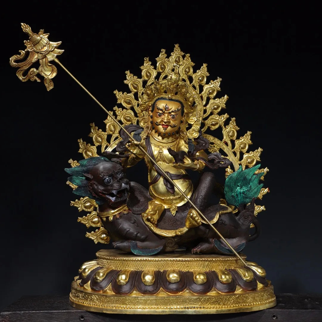 21"Tibetan Temple Collection Old Bronze Gilded Painted Face Cinnaba Vaisravana Treasure Heavenly King Buddha Worship Hall