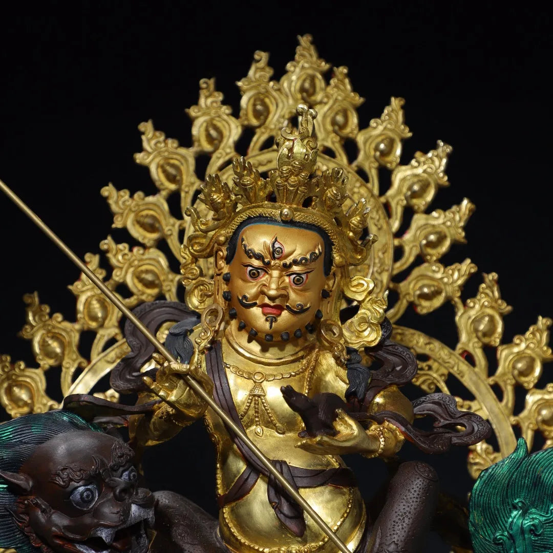21"Tibetan Temple Collection Old Bronze Gilded Painted Face Cinnaba Vaisravana Treasure Heavenly King Buddha Worship Hall