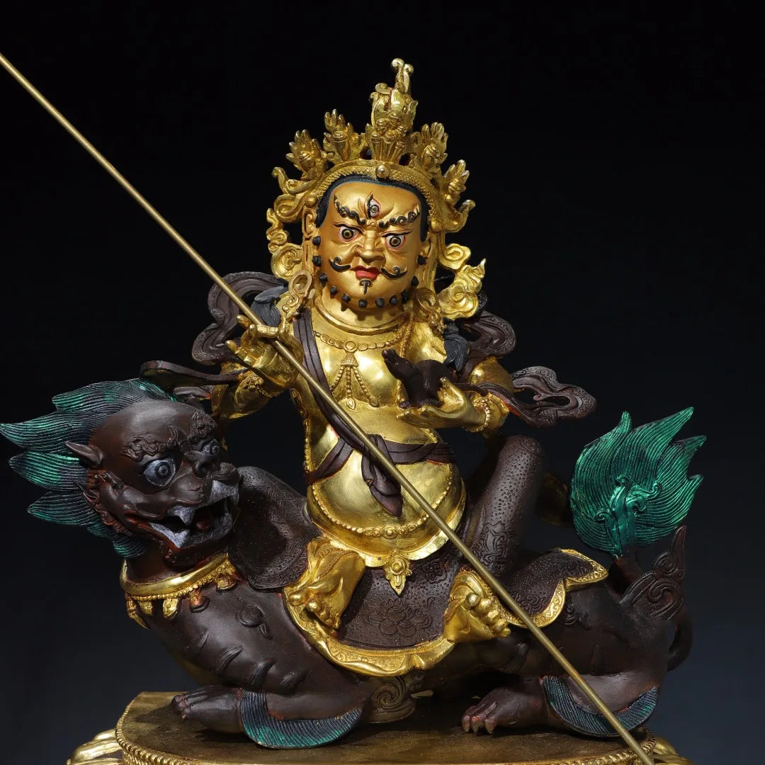 21"Tibetan Temple Collection Old Bronze Gilded Painted Face Cinnaba Vaisravana Treasure Heavenly King Buddha Worship Hall