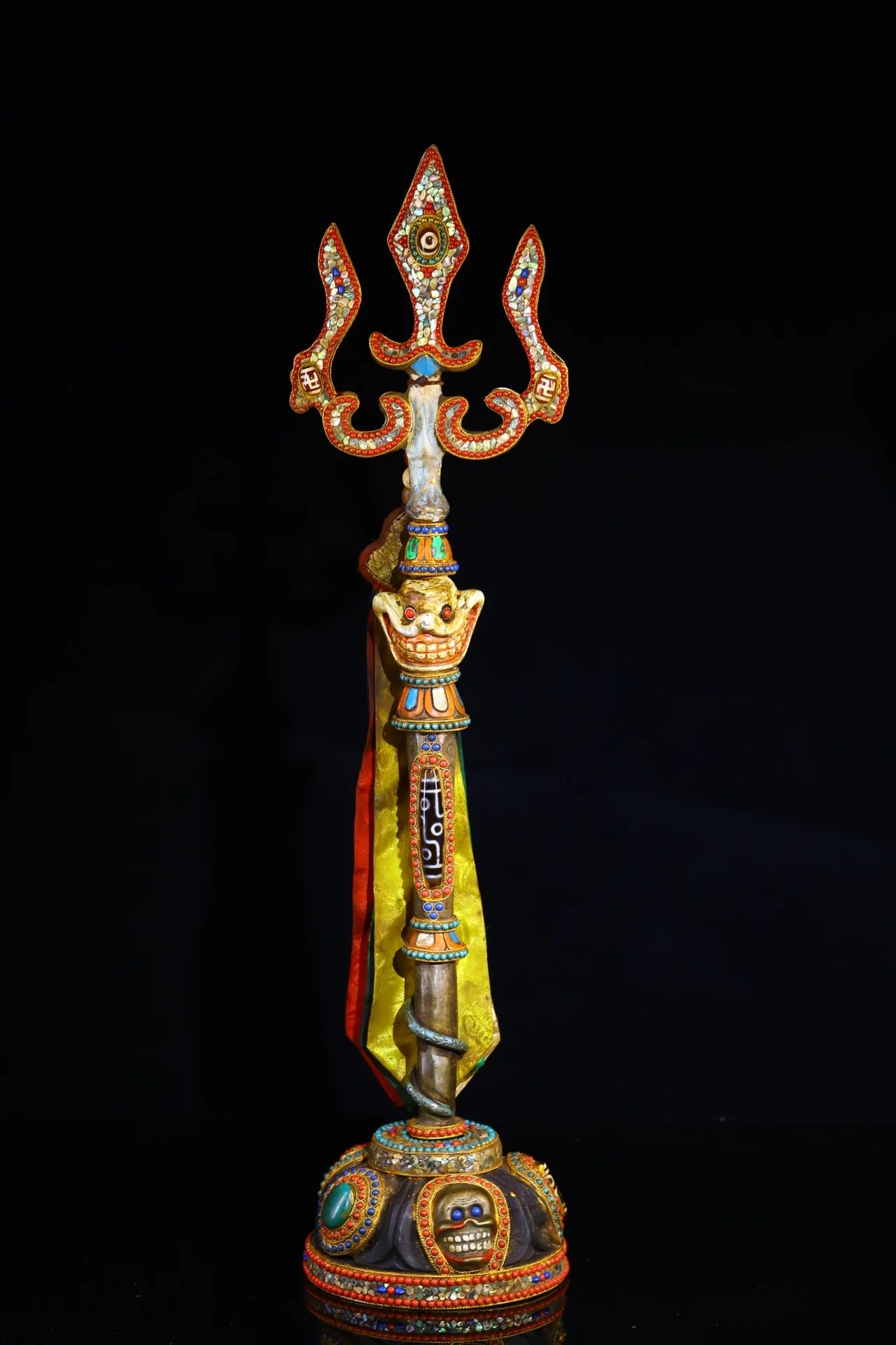 21"Tibetan Temple Collection Old Tiantie Painted Mosaic Gem gZi Beads Skull Head Fork Vajra Phurpa Worship Hall Town house