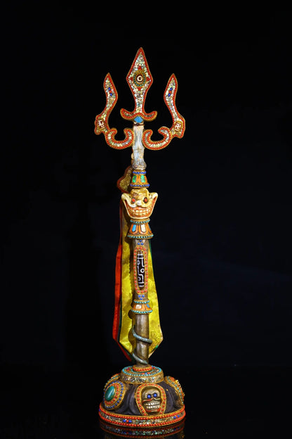 21"Tibetan Temple Collection Old Tiantie Painted Mosaic Gem gZi Beads Skull Head Fork Vajra Phurpa Worship Hall Town house
