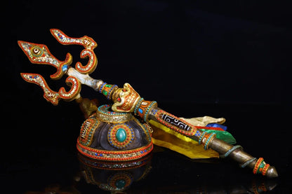 21"Tibetan Temple Collection Old Tiantie Painted Mosaic Gem gZi Beads Skull Head Fork Vajra Phurpa Worship Hall Town house