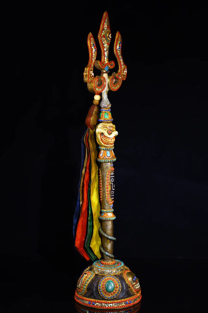 21"Tibetan Temple Collection Old Tiantie Painted Mosaic Gem gZi Beads Skull Head Fork Vajra Phurpa Worship Hall Town house