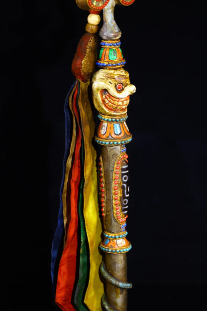 21"Tibetan Temple Collection Old Tiantie Painted Mosaic Gem gZi Beads Skull Head Fork Vajra Phurpa Worship Hall Town house