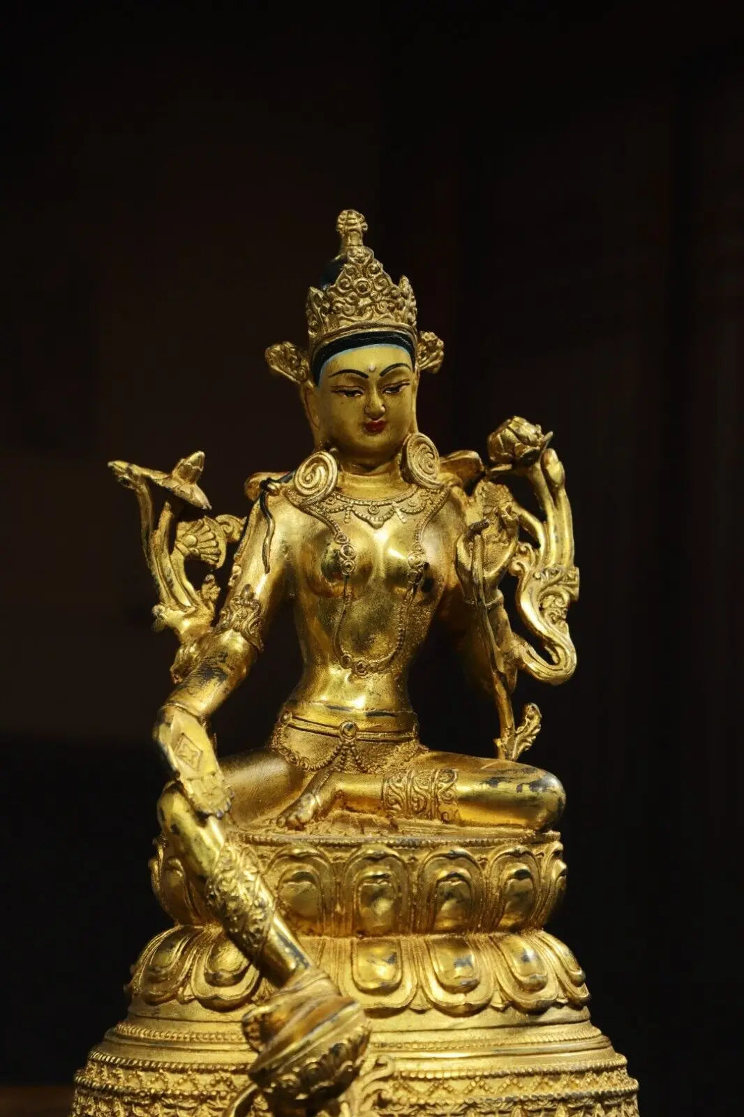 21 cm China Brass Kwan-yin Guanyin Statue Old Bronze Gild Buddha Statue