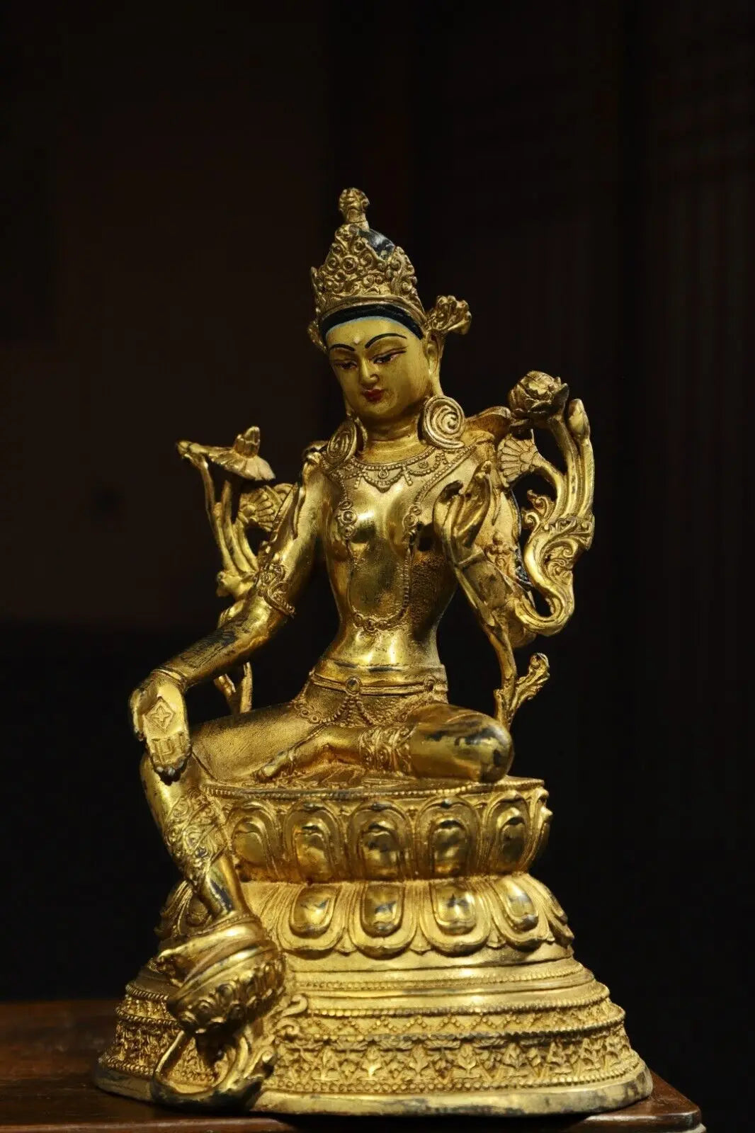 21 cm China Brass Kwan-yin Guanyin Statue Old Bronze Gild Buddha Statue