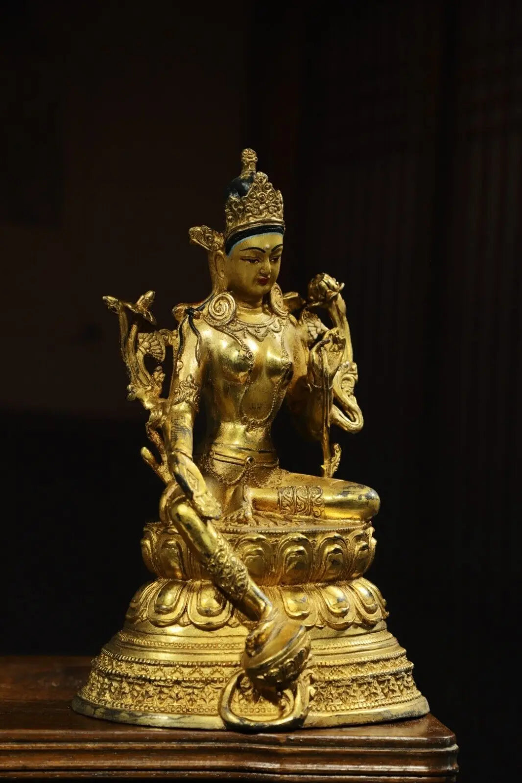21 cm China Brass Kwan-yin Guanyin Statue Old Bronze Gild Buddha Statue