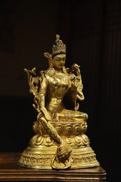 21 cm China Brass Kwan-yin Guanyin Statue Old Bronze Gild Buddha Statue