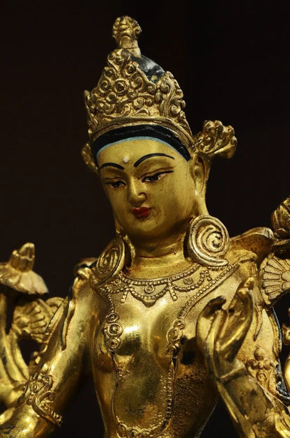 21 cm China Brass Kwan-yin Guanyin Statue Old Bronze Gild Buddha Statue
