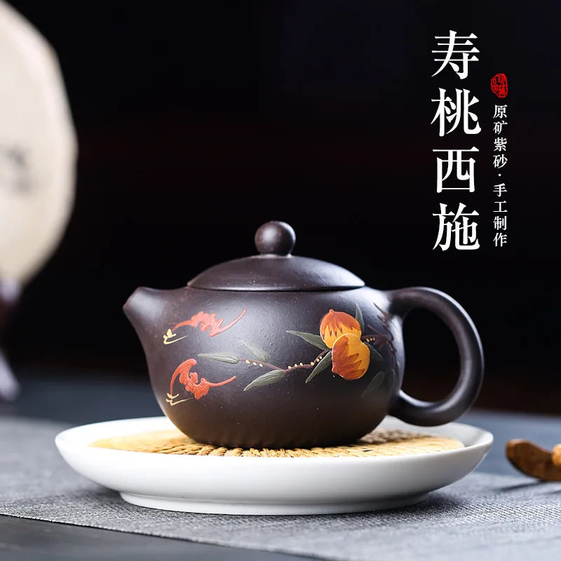 210ml Chinese Yixing High-end Purple Clay Teapots Mud-painted Flower Pattern Xishi Tea Pot Raw Ore Duan Mud Kettle Zisha Tea Set