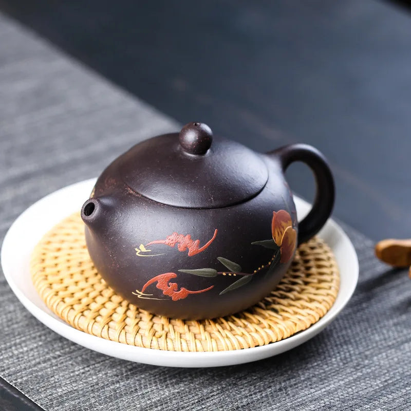 210ml Chinese Yixing High-end Purple Clay Teapots Mud-painted Flower Pattern Xishi Tea Pot Raw Ore Duan Mud Kettle Zisha Tea Set