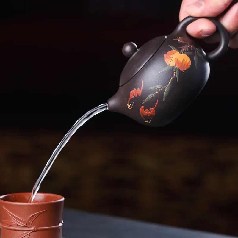 210ml Chinese Yixing High-end Purple Clay Teapots Mud-painted Flower Pattern Xishi Tea Pot Raw Ore Duan Mud Kettle Zisha Tea Set