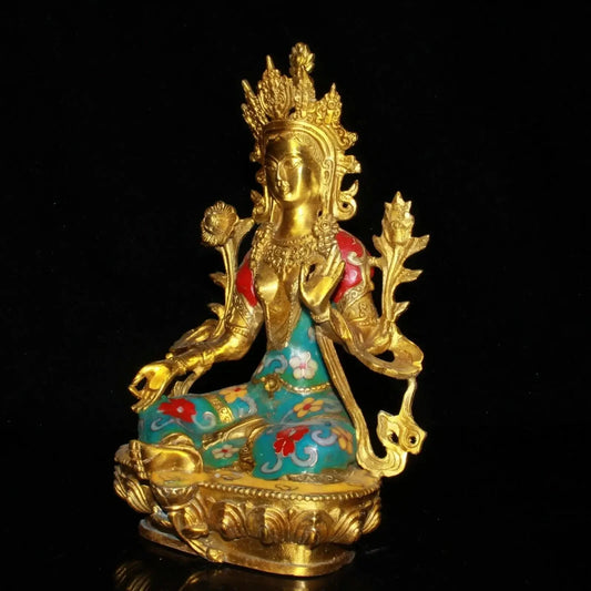 21CM Chinese Cloisonne Copper Kwan-yin Guanyin Statue Old Brass Statue Offering Table Decoration