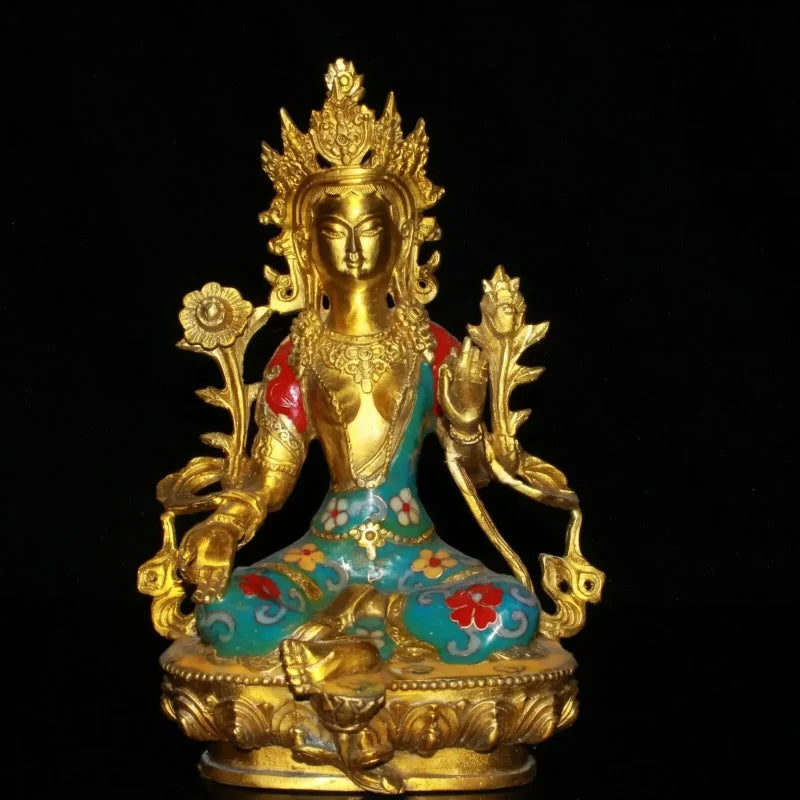 21CM Chinese Cloisonne Copper Kwan-yin Guanyin Statue Old Brass Statue Offering Table Decoration
