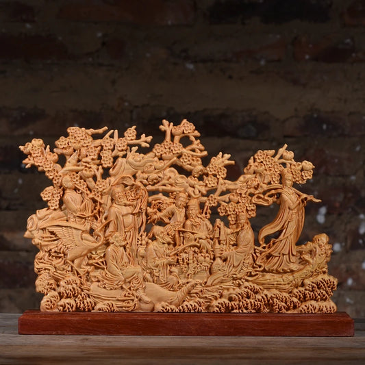 21CM Mythological Eight Immortals Wood Statue Eight Immaculates Cross The Sea Double Sided Carved Home decor