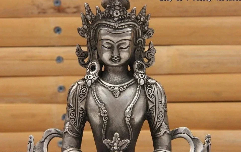 21CM Tibet White Copper Silver Amitayus Longevity Kwan-yin Bodhisattva Goddess Statue