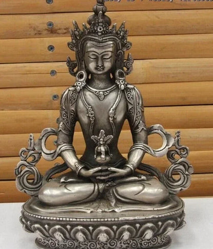21CM Tibet White Copper Silver Amitayus Longevity Kwan-yin Bodhisattva Goddess Statue