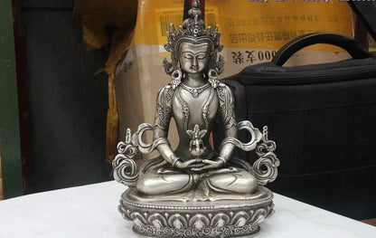 21CM Tibet White Copper Silver Amitayus Longevity Kwan-yin Bodhisattva Goddess Statue