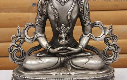 21CM Tibet White Copper Silver Amitayus Longevity Kwan-yin Bodhisattva Goddess Statue