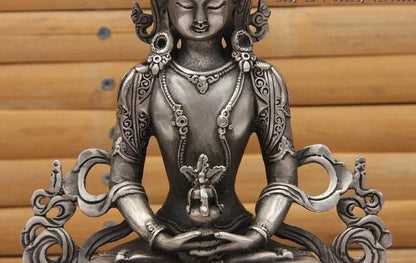 21CM Tibet White Copper Silver Amitayus Longevity Kwan-yin Bodhisattva Goddess Statue