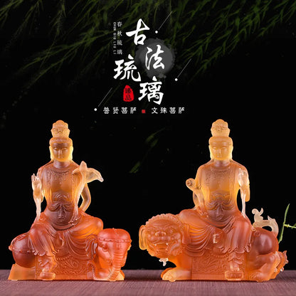 21cm Coloured Glaze Bodhisattva Manjusri Samantabhadra Bodhisattva Buddha Statue Buddhist Temple Worship Handicraft Ornaments