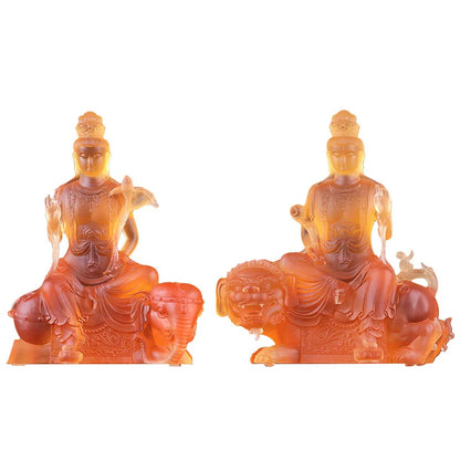 21cm Coloured Glaze Bodhisattva Manjusri Samantabhadra Bodhisattva Buddha Statue Buddhist Temple Worship Handicraft Ornaments