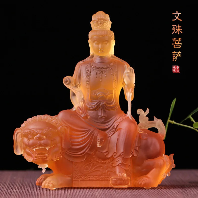 21cm Coloured Glaze Bodhisattva Manjusri Samantabhadra Bodhisattva Buddha Statue Buddhist Temple Worship Handicraft Ornaments