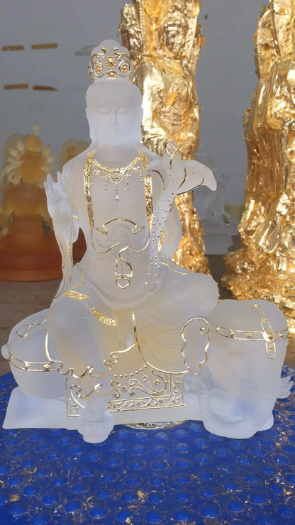 21cm Coloured Glaze Bodhisattva Manjusri Samantabhadra Bodhisattva Buddha Statue Buddhist Temple Worship Handicraft Ornaments