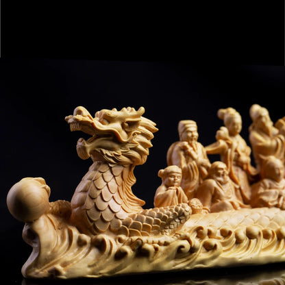 21cm Eight Gods Boxwood Statue Chinese Feng Shui Eight Immortals Crossing Sea Sculpture Dragon Boat Collection Home Decor