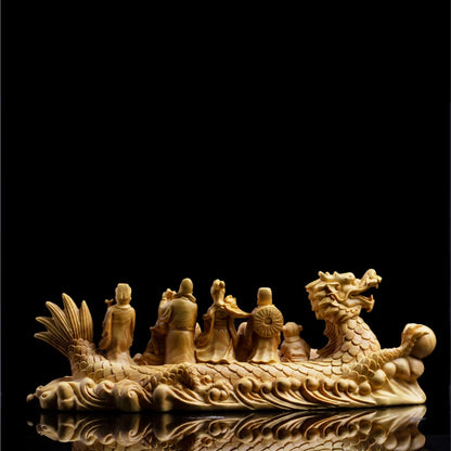 21cm Eight Gods Boxwood Statue Chinese Feng Shui Eight Immortals Crossing Sea Sculpture Dragon Boat Collection Home Decor