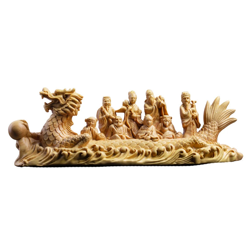 21cm Eight Gods Boxwood Statue Chinese Feng Shui Eight Immortals Crossing Sea Sculpture Dragon Boat Collection Home Decor