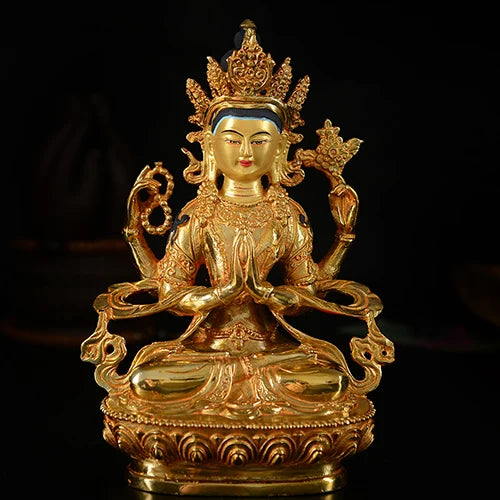 21cm TALL# GOOD Buddha # bless family Safety Health Talisman #efficacious Protection Gold-plated Four arm Guanyin Buddha statue