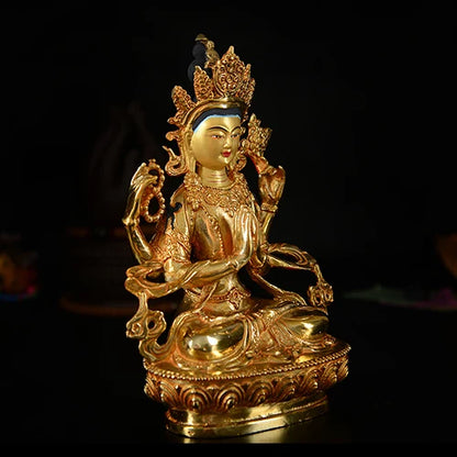 21cm TALL# GOOD Buddha # bless family Safety Health Talisman #efficacious Protection Gold-plated Four arm Guanyin Buddha statue