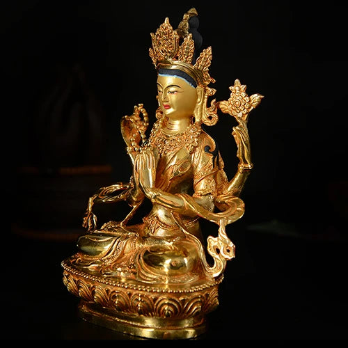 21cm TALL# GOOD Buddha # bless family Safety Health Talisman #efficacious Protection Gold-plated Four arm Guanyin Buddha statue