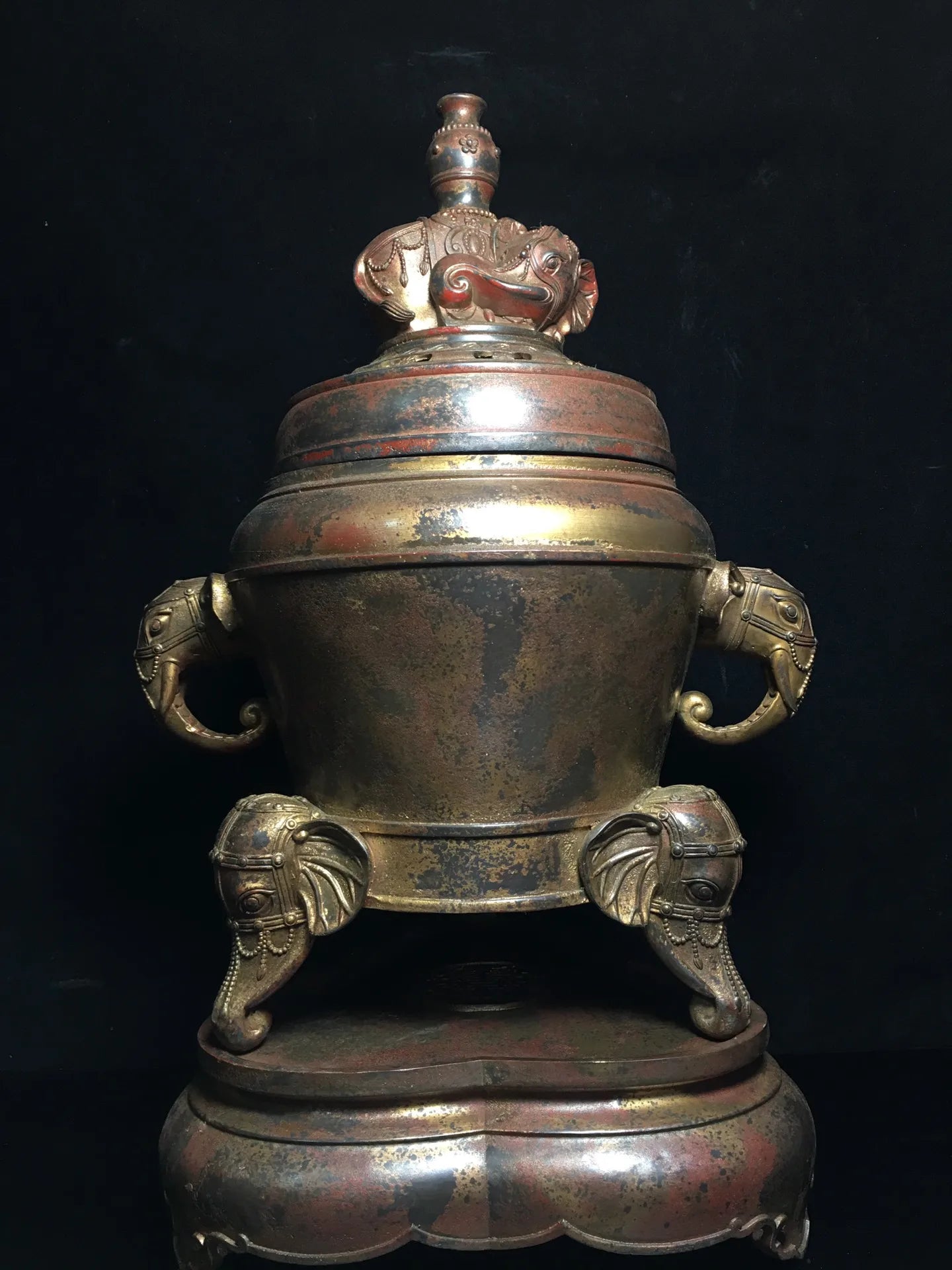 22"Tibetan Temple Collection Old Bronze Cinnabar Muddy gold Elephant trunk ears Three feet Incense burner Ornaments Town House