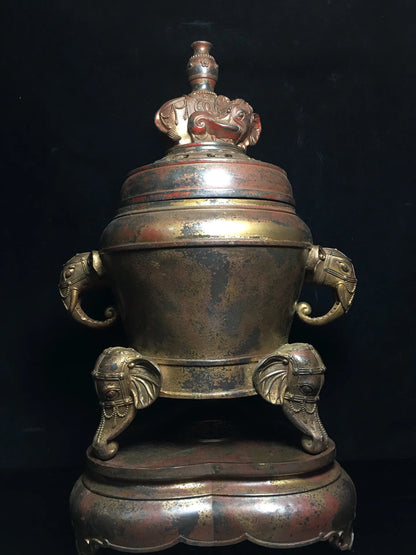 22"Tibetan Temple Collection Old Bronze Cinnabar Muddy gold Elephant trunk ears Three feet Incense burner Ornaments Town House