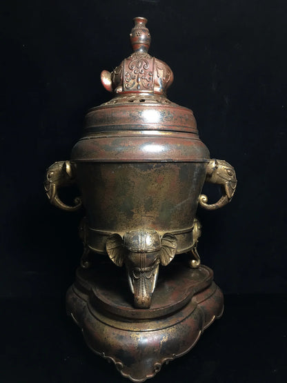 22"Tibetan Temple Collection Old Bronze Cinnabar Muddy gold Elephant trunk ears Three feet Incense burner Ornaments Town House