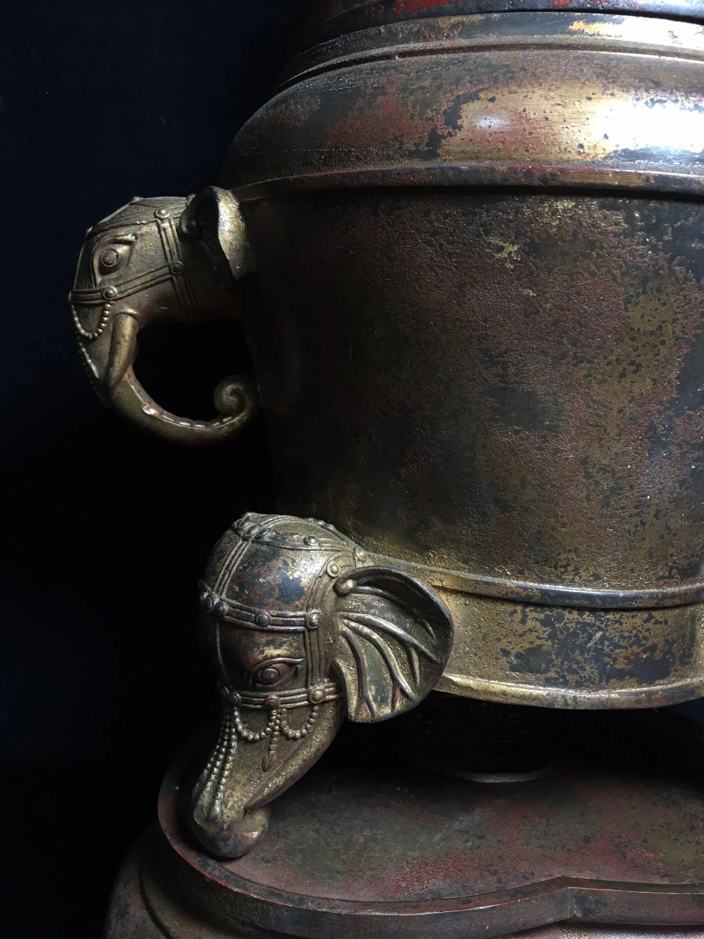 22"Tibetan Temple Collection Old Bronze Cinnabar Muddy gold Elephant trunk ears Three feet Incense burner Ornaments Town House