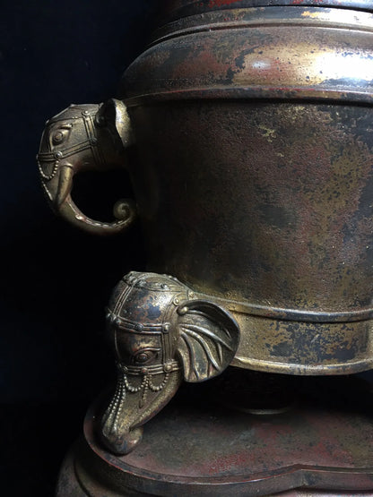 22"Tibetan Temple Collection Old Bronze Cinnabar Muddy gold Elephant trunk ears Three feet Incense burner Ornaments Town House