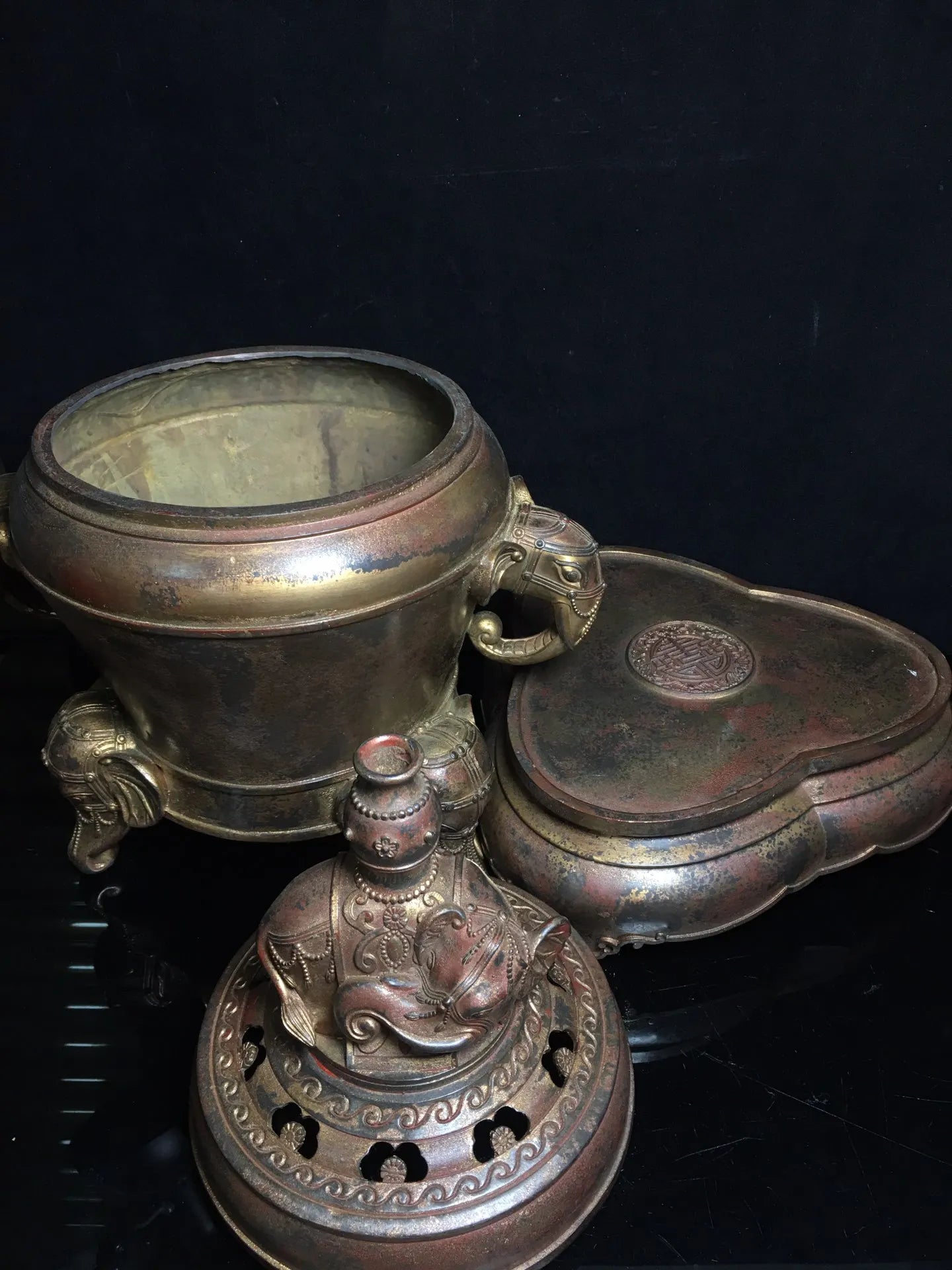 22"Tibetan Temple Collection Old Bronze Cinnabar Muddy gold Elephant trunk ears Three feet Incense burner Ornaments Town House