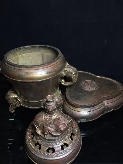 22"Tibetan Temple Collection Old Bronze Cinnabar Muddy gold Elephant trunk ears Three feet Incense burner Ornaments Town House